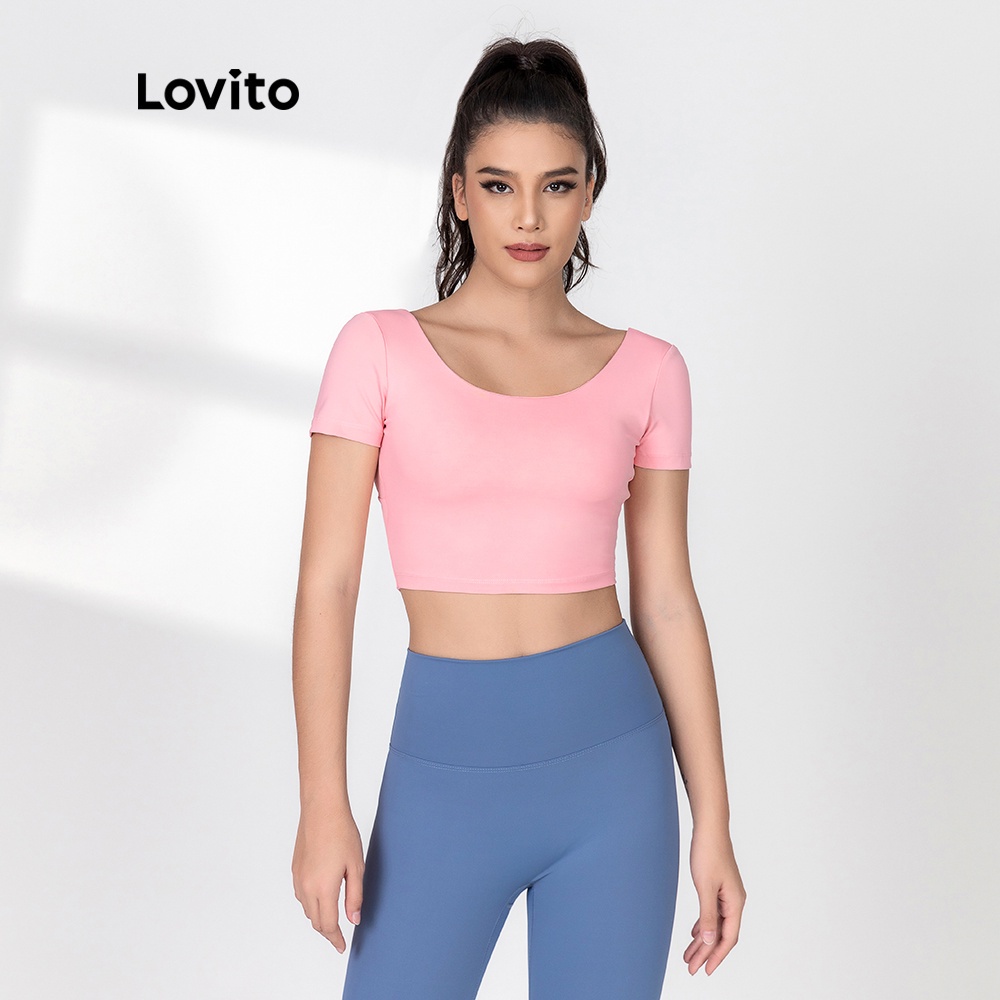 Áo ngực thể thao Lovito có miếng đệm ngực thiết kế đan dây chéo sau lưng màu trơn nhanh khô L06015 (màu tím nhạt)