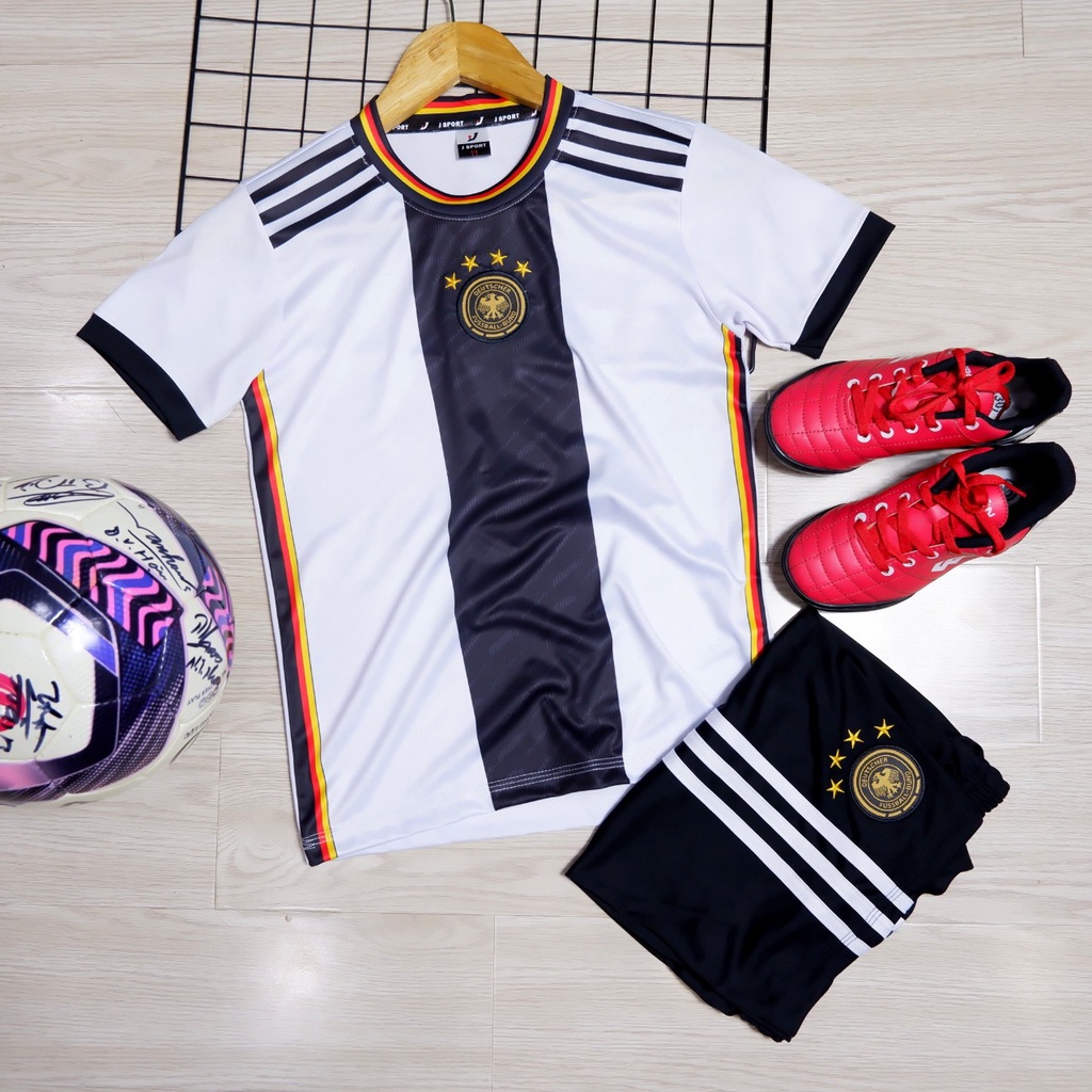 Bộ quần áo bóng đá trẻ em, áo đá banh trẻ em thoáng mát, thấm hút mồ hôi, chất vải xịn, logo thêu, in tên và số cho bé