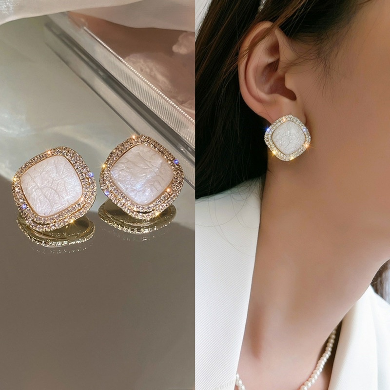 bông tai đính sà cừ sang chảnh, khuyên tai đính 2 vòng đá phong cách hàn quốc