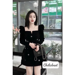 Váy nhung cổ vuông đính họa tiết phong cách sang chảnh