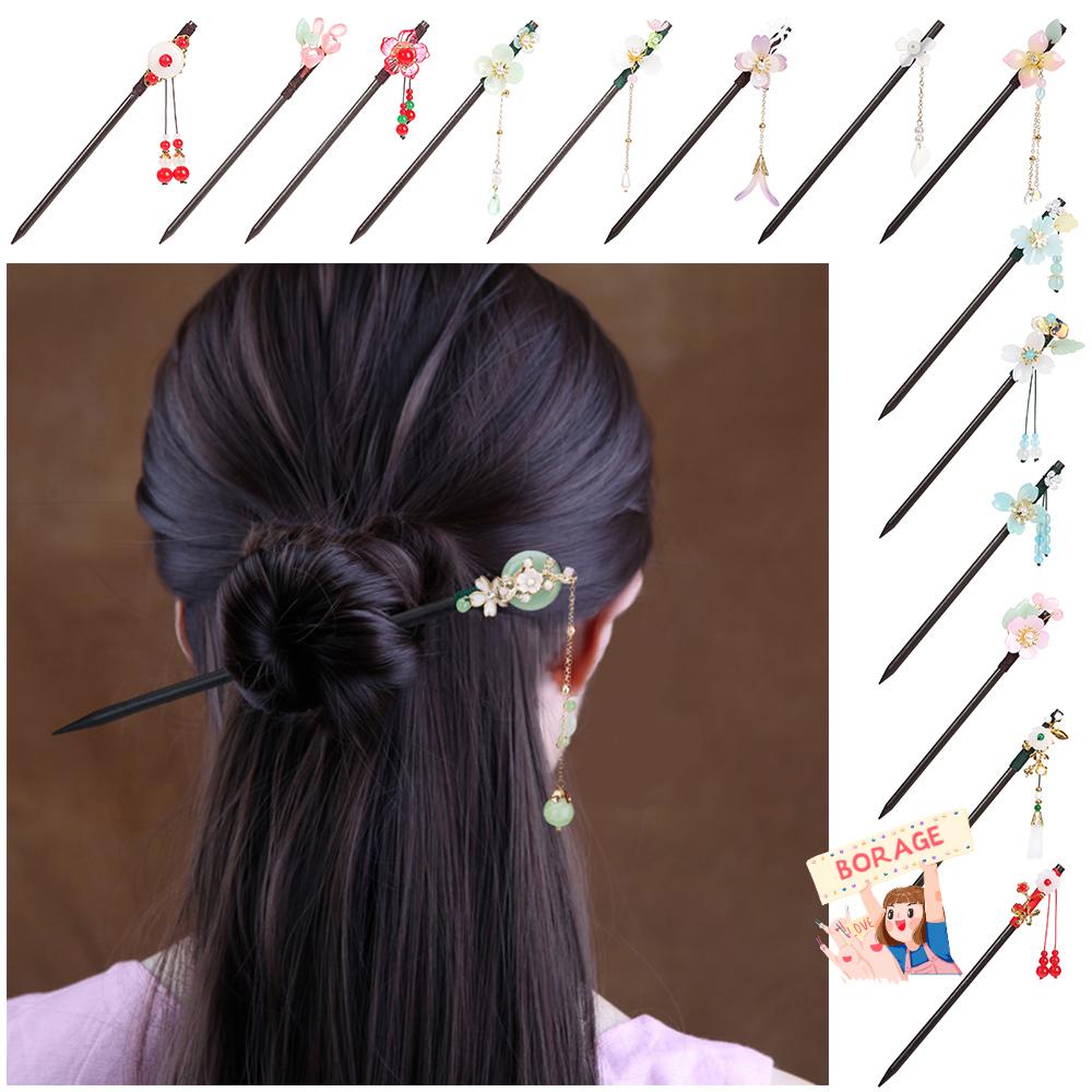 Trâm Cài Tóc BORAG Bằng Gỗ Mun Họa Tiết Hoa Phối Tua Rua Phong Cách Cổ Điển Thời Trang
