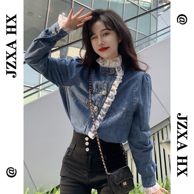 Áo Sơ Mi Denim Phối Ren Thời Trang Mùa Thu 2022 Kiểu Mới Cho Nữ