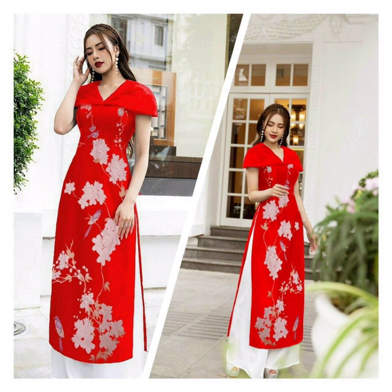 Set áo dài cổ phối choàng in 3D cao cấp