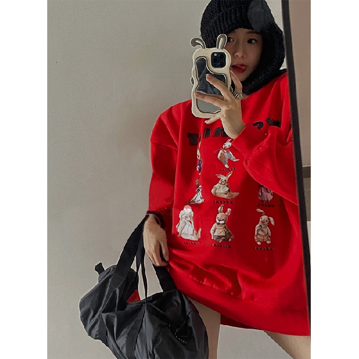 Áo khoác NRVP thể thao tay dài dáng rộng in hình thỏ năm 2023 phong cách Trung Hoa Hàn Quốc cho nữ