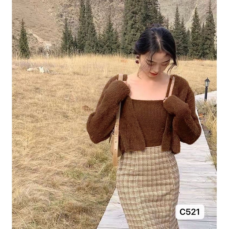 Set áo khoác len lông nữ cardigan 2chi tiết kèm áo hai dây dệt kim nữ dài tay dáng ngắn ulzzang phong cách Hàn Quốc H-13