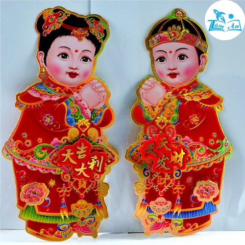 Decal Mẫu Cô Cậu, Decal Trang Trí Tết Dán Kính, Dán Tường 1 Đôi Size 28*14cm Sắc Nét Đa Chiều