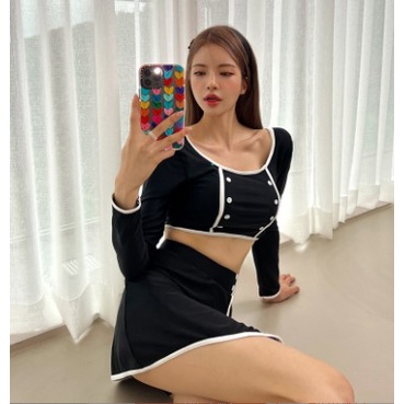 Mẫu mới 2023 Bikini 2 mảnh Hàn Quốc bộ đồ bơi dài váy, váy quần kín đáo đen viền trắng đính nút mới lạ hot hit