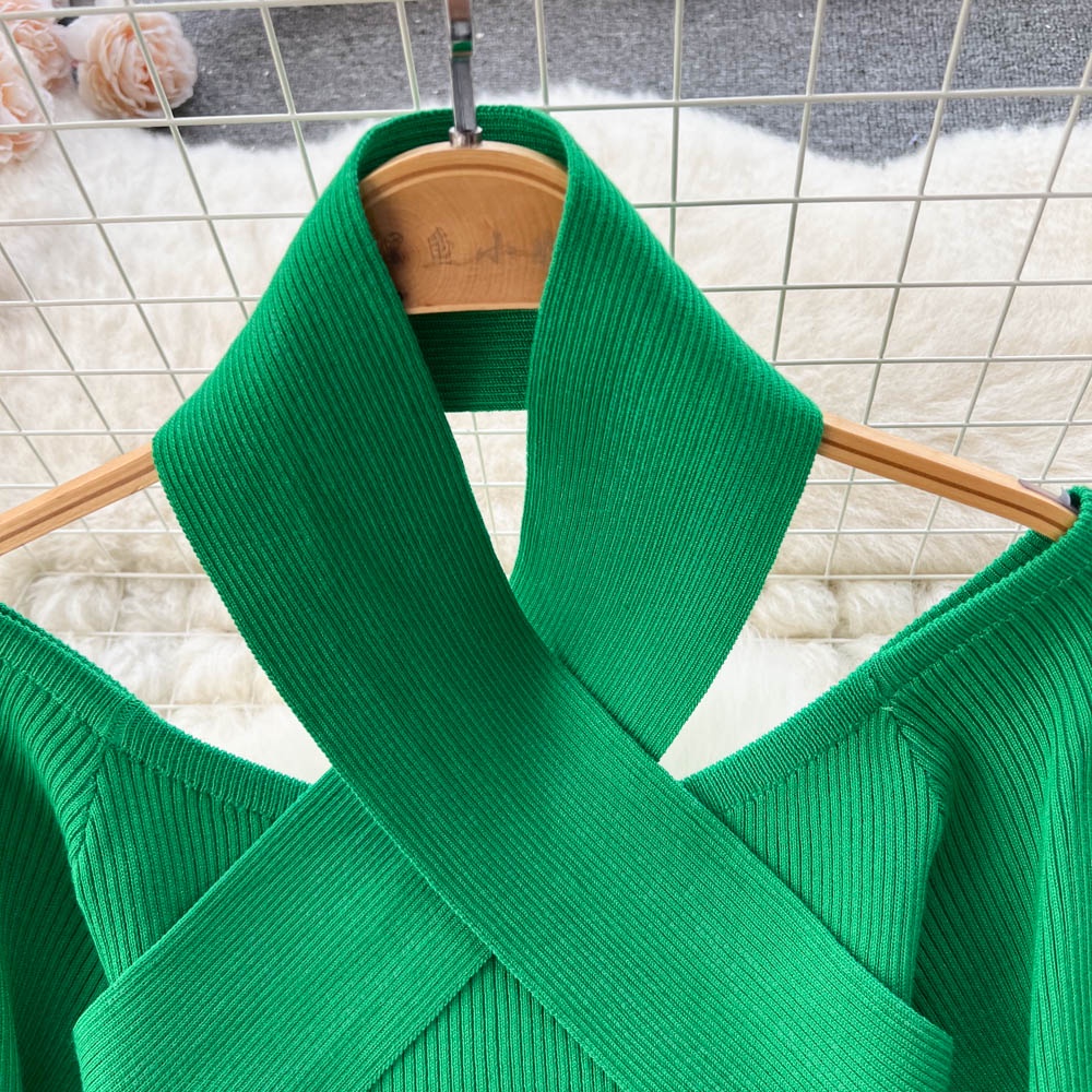 Đầm len dệt kim nữ thu đông dây chéo cách điệu