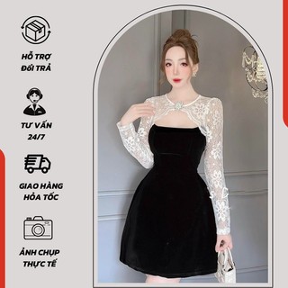 Đầm nhung phối ren tay dài có mút ngực, đầm dự tiệc sang chảnh 2 màu đen, đỏ - 1002
