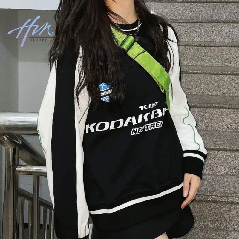 [Cotton Tinh Khiết] Áo Sweatshirt Không Tay Cổ Tròn Dáng Rộng In Chữ Phối Màu Tương Phản Retro Mỹ Mùa Thu Đông Dành Cho Học