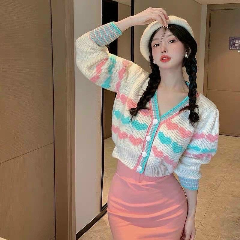 Áo khoác len nữ THU ĐÔNG Cardigan dệt kim CÀI NÚT tay dài phối TRÁI TIM xinh xắn