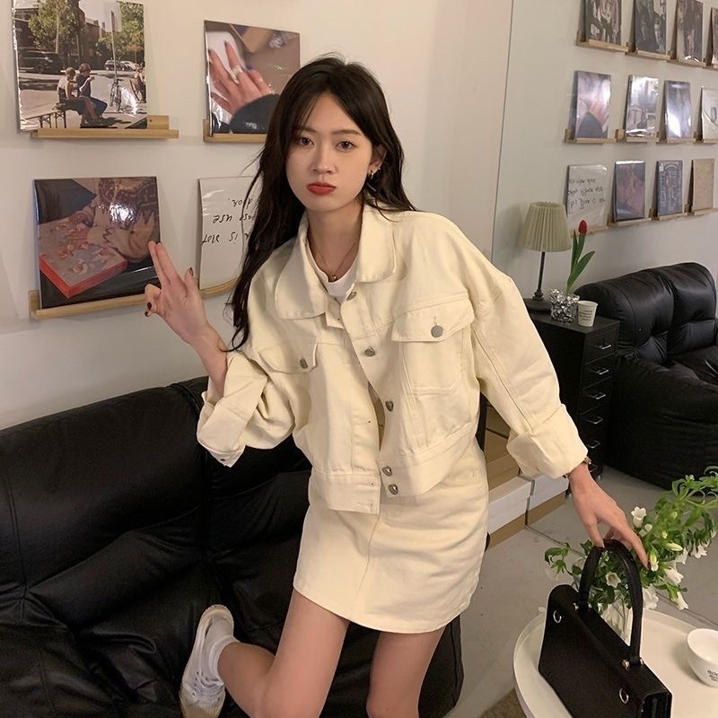 Set Jean bò nữ áo khoác tay dài phối chân váy chữ A thời trang cá tính năng động