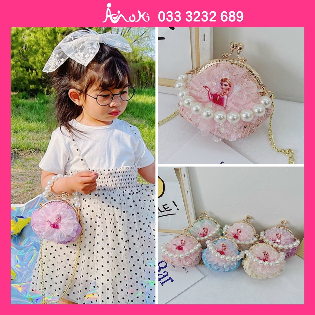 Túi Đeo Chéo Cho Bé Gái Công Chúa Elsa Ana Quai Ngọc TX75 Mokimart, Túi Xách Cho Bé Mini Hoạt Hình Dễ Thương Đính Nhũ