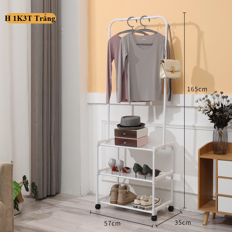Kệ Treo Quần Áo Chữ H 3 Tầng Có Bánh Tiện Lợi Cho Sinh Viên, Gia Đình, Chung Cư