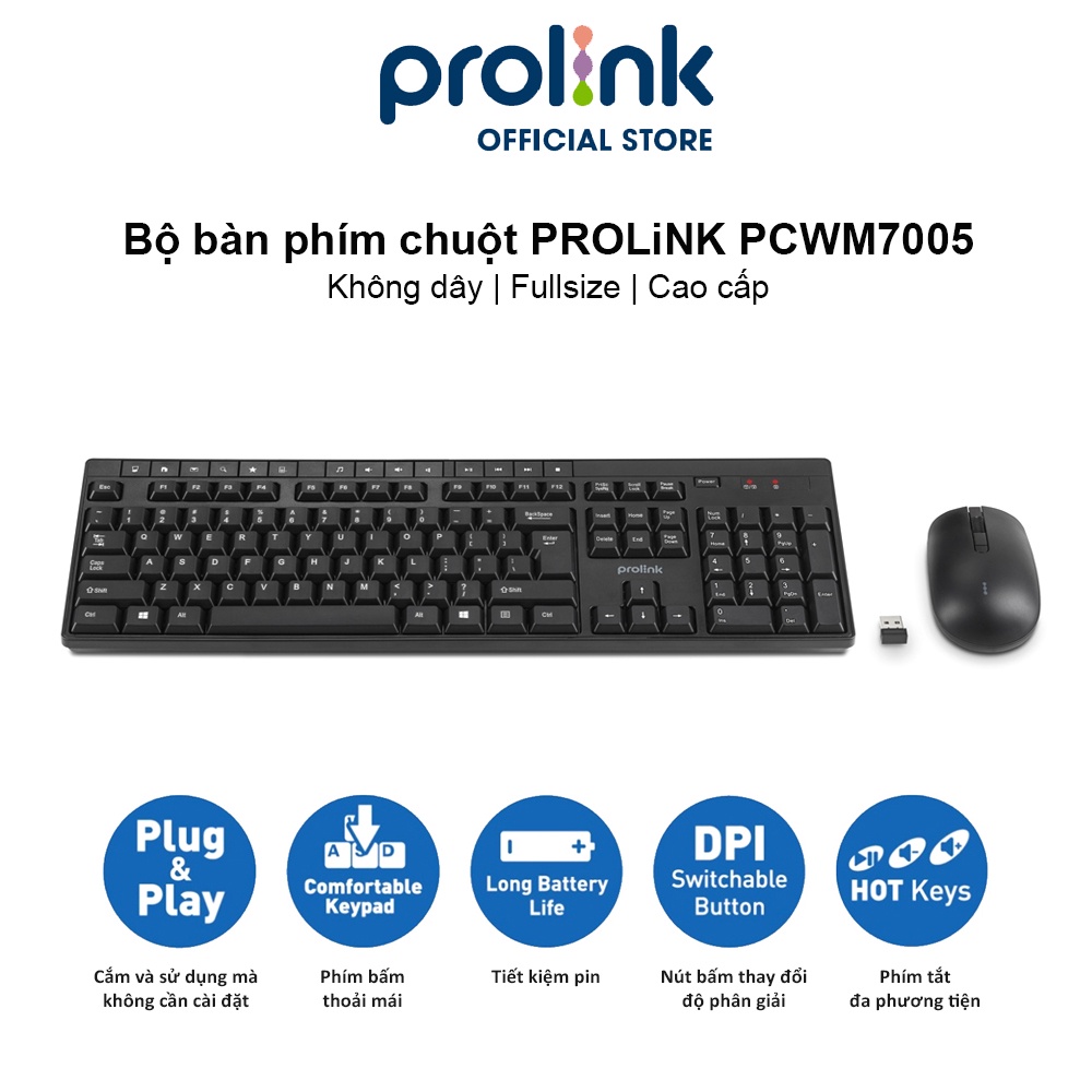 Bộ bàn phím chuột không dây PROLiNK PCWM7005 Fullsize cao cấp, chống thấm nước, thời lượng pin cao dành cho PC, Laptop