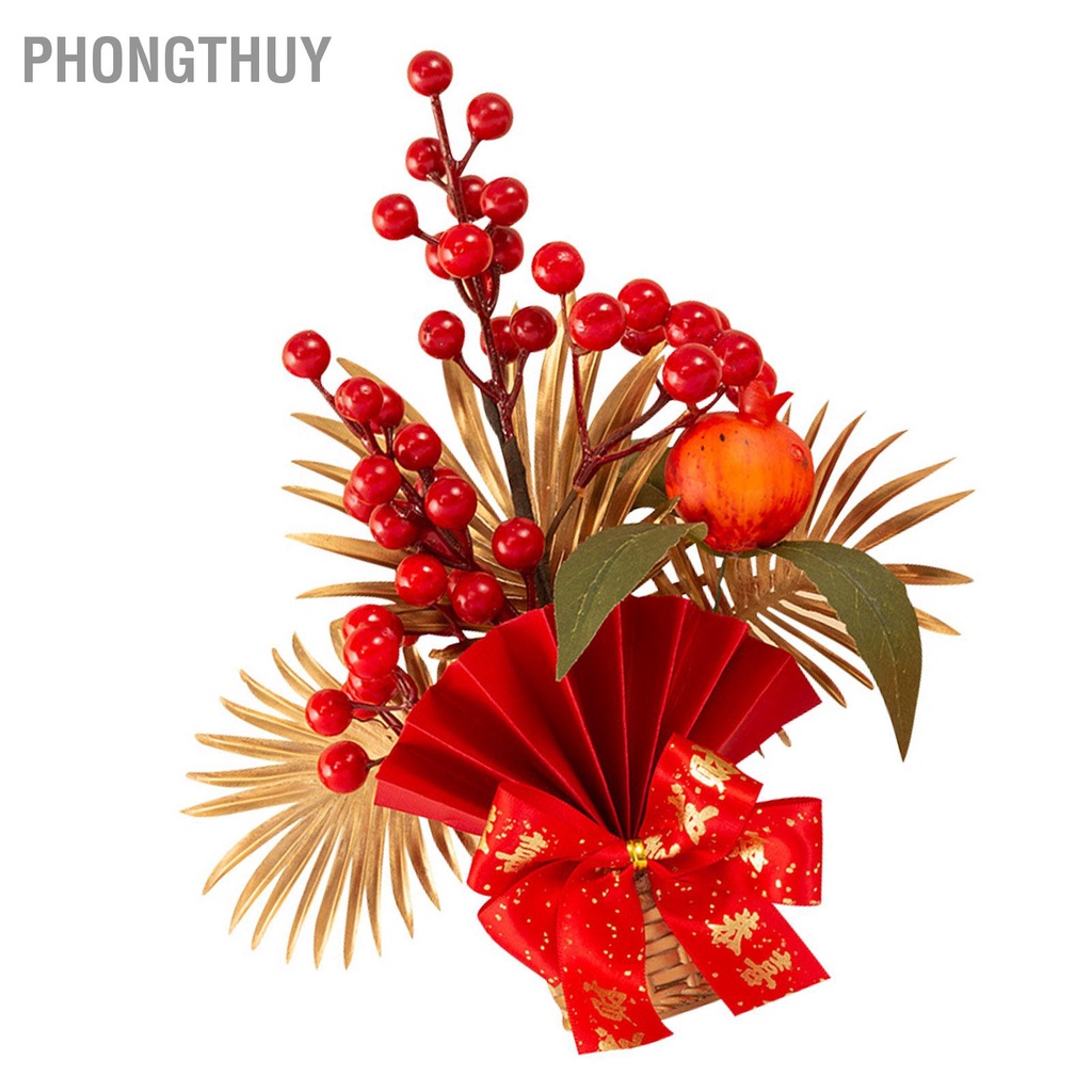 Chậu hoa phong thủy màu đỏ - Cành hoa đào đông - Cành Lá Vàng Hút Tài Lộc Trang Trí Nhà Dịp Lễ Tết Năm Mới