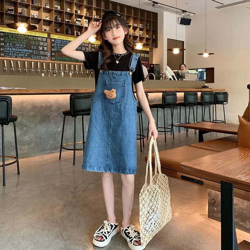 Bộ Áo Thun Dáng Rộng + Váy Yếm Denim Thời Trang Cho Bé Gái 3-5 - 8-10 - 14 Tuổi Váy dây đeo màu xanh