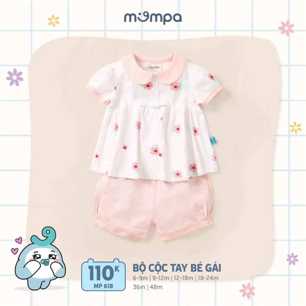 Bộ quần áo cộc tay cho bé gái Mompa 6 tháng - 4 tuổi cúc giữa vải Cotton thoáng mát co giãn thấm hút 618