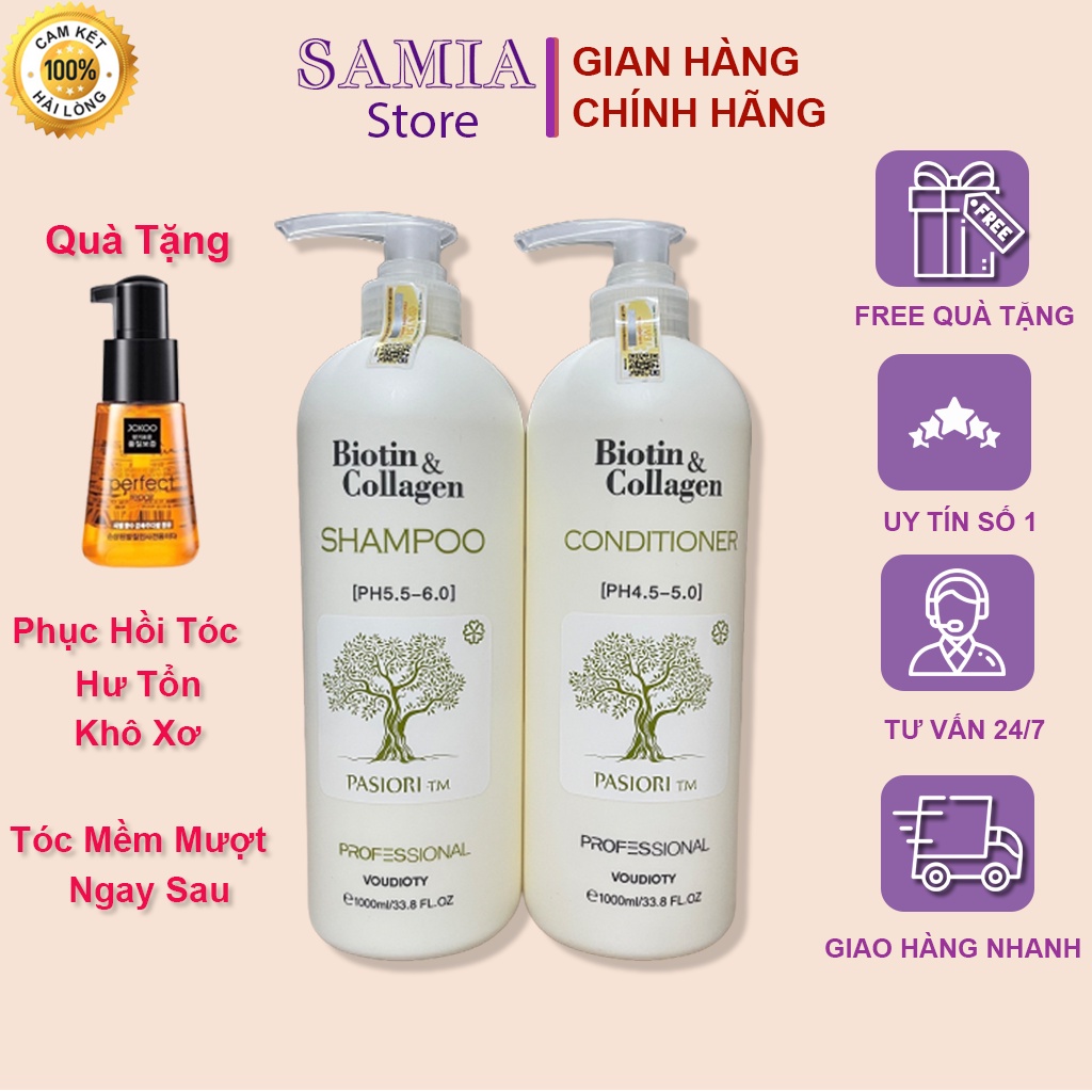 Bộ Dầu Gội Biotin Collagen Trắng Chính Hãng Samia New Siêu Mềm Mượt Phục Hồi Tóc Ý 500ml -1000ml