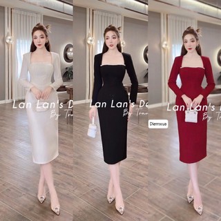 Đầm body cổ vuông viền đá
