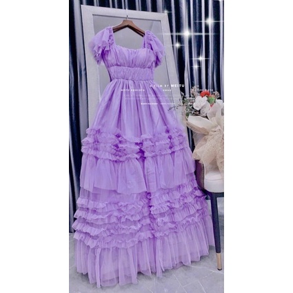 Đầm maxi nữ dự tiệc (đi du lịch) màu tím, váy xoè tầng cánh tiên