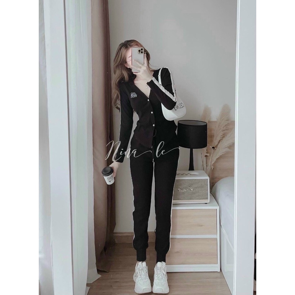 [12.12 Sales Freeship] Set bộ thể thao nữ, set áo tay dài gài nút có nón kèm quần ống túm phối viền trắng đi chơi cátính