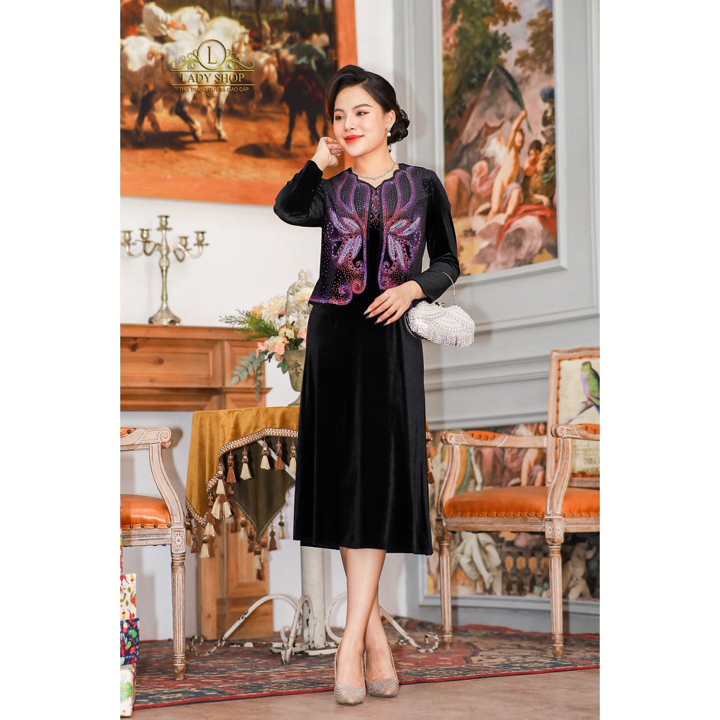 Set Váy nhung cổ tim lượn áo chân hoa Ladyshop thời trang trung niên cao cấp T36