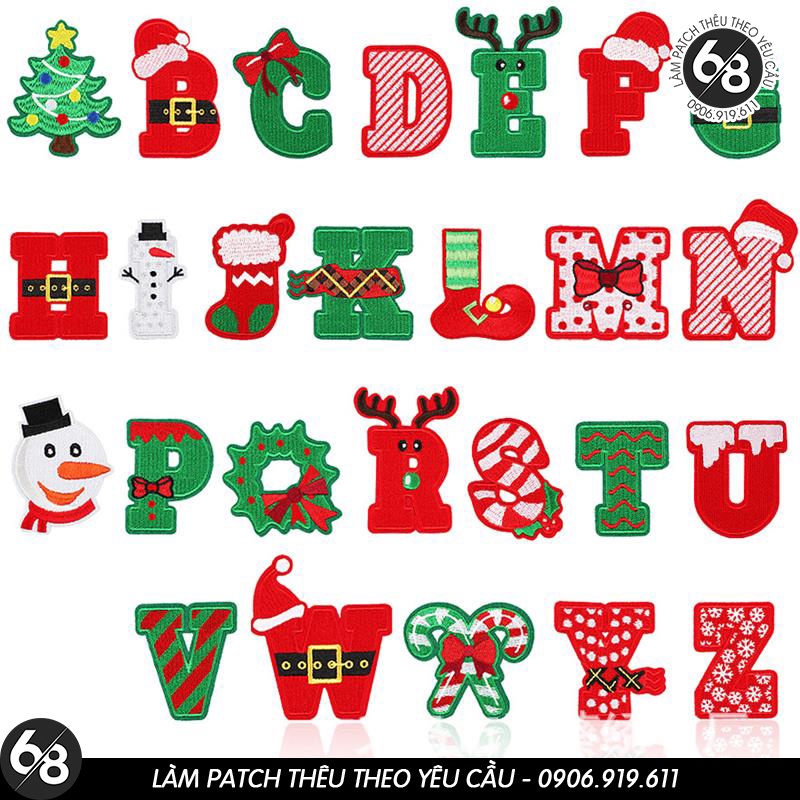 Sticker ủi nhiệt thêu hình logo chữ cái A-Z giáng sinh noel độc đáo dễ thương - Patch noen ủi quần áo balo H34