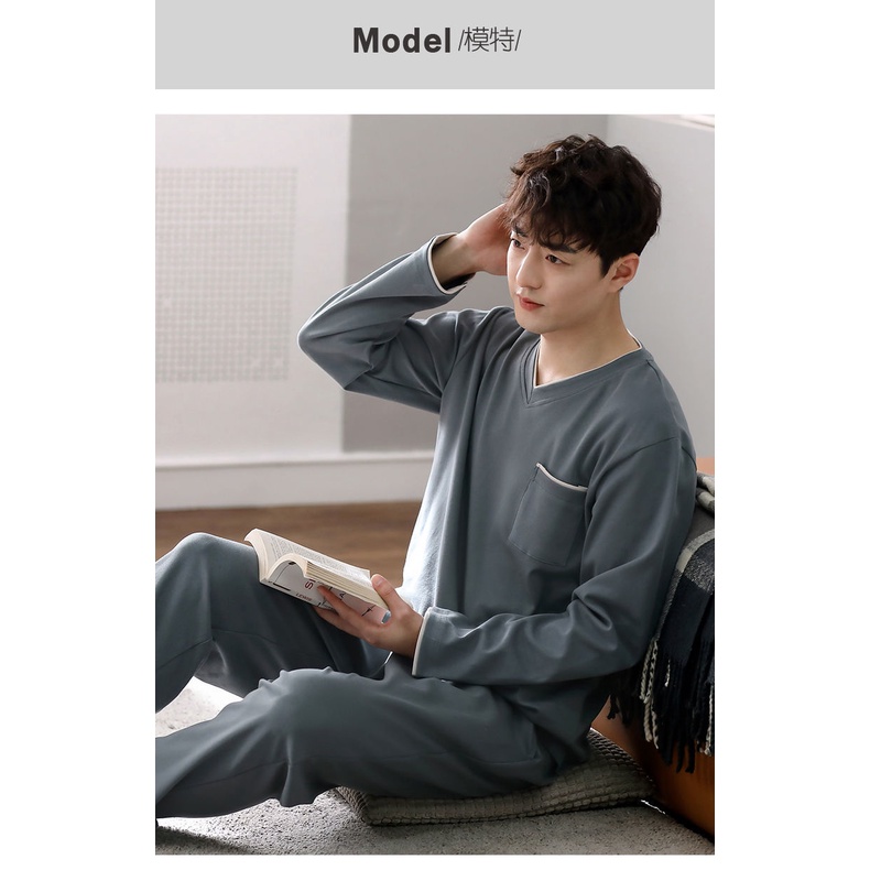 Bộ Đồ Ngủ Vải Cotton Mỏng Tay Dài Dáng Rộng Màu Sắc Đơn Giản Thời Trang Xuân Thu Cho Nam