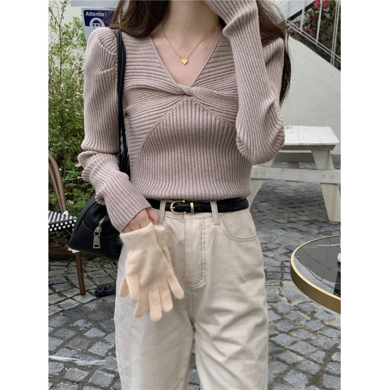 COZOK Áo Dệt Kim Tay Dài Cổ Chữ V Dáng Ôm Thời Trang Cho Nữ