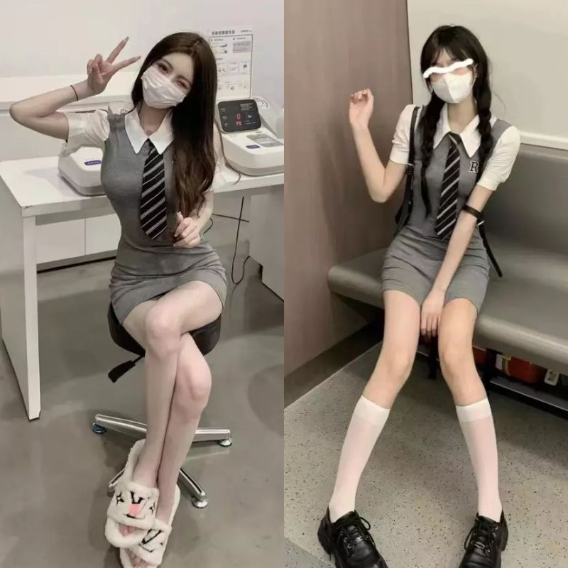 Đầm Ngắn Tay Giả Hai Lớp Thời Trang Mùa Hè Cho Nữ