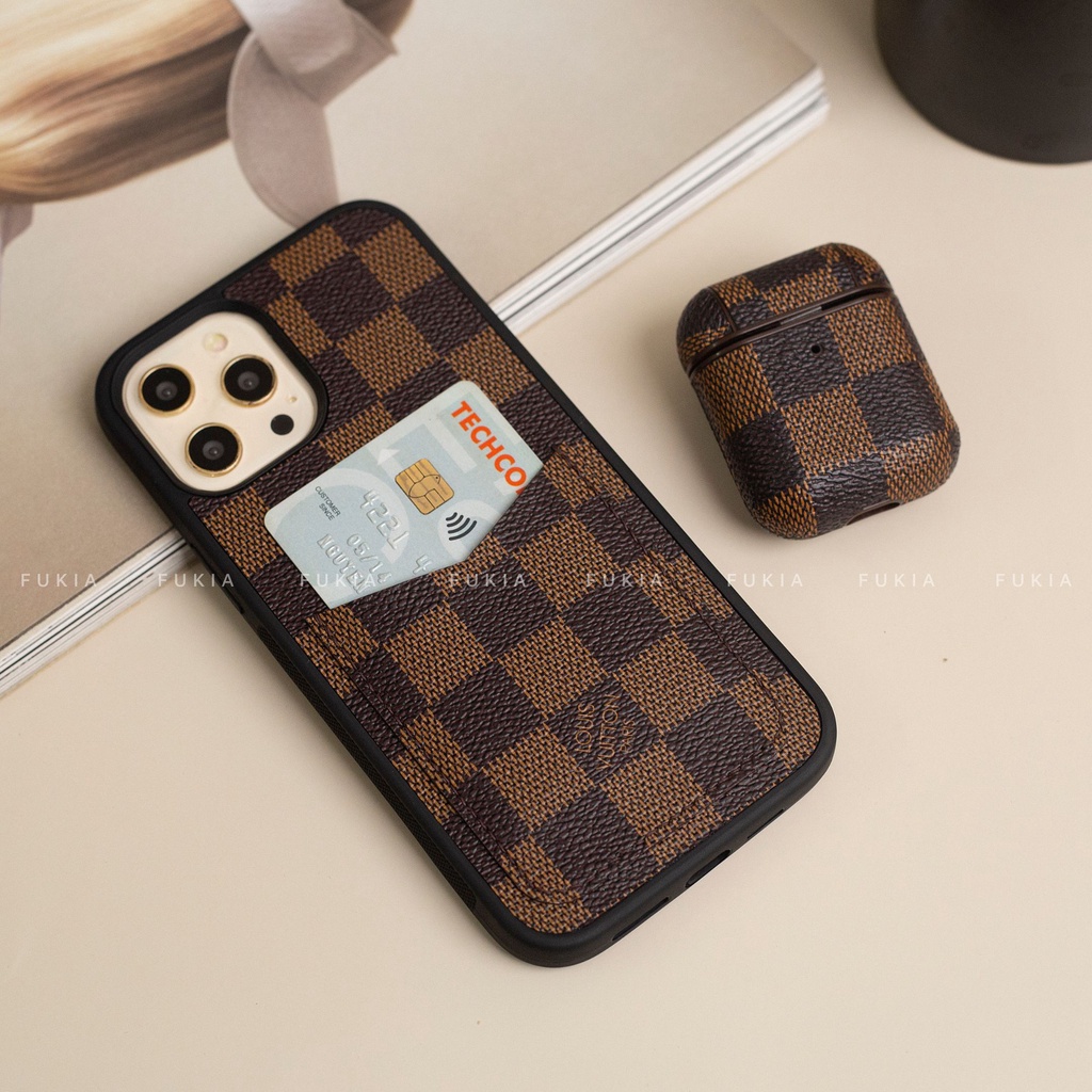 Combo dây và ốp da thủ công khe thẻ IV Caro nâu dành cho Đồng hồ thông minh/ Đồng hồ cơ và Iphone CB083