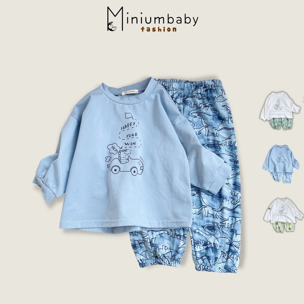 Bộ đồ dài tay quần dài khủng long ô tô thu đông cho bé trai chất liệu 100% cotton, quần áo trẻ em MiniumBaby-SB1325