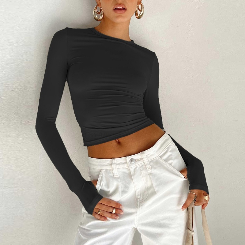 Áo Thun Crop Top Tay Dài Cổ Tròn Màu Trơn Ôm Dáng Thời Trang Mùa Thu Cho Nữ