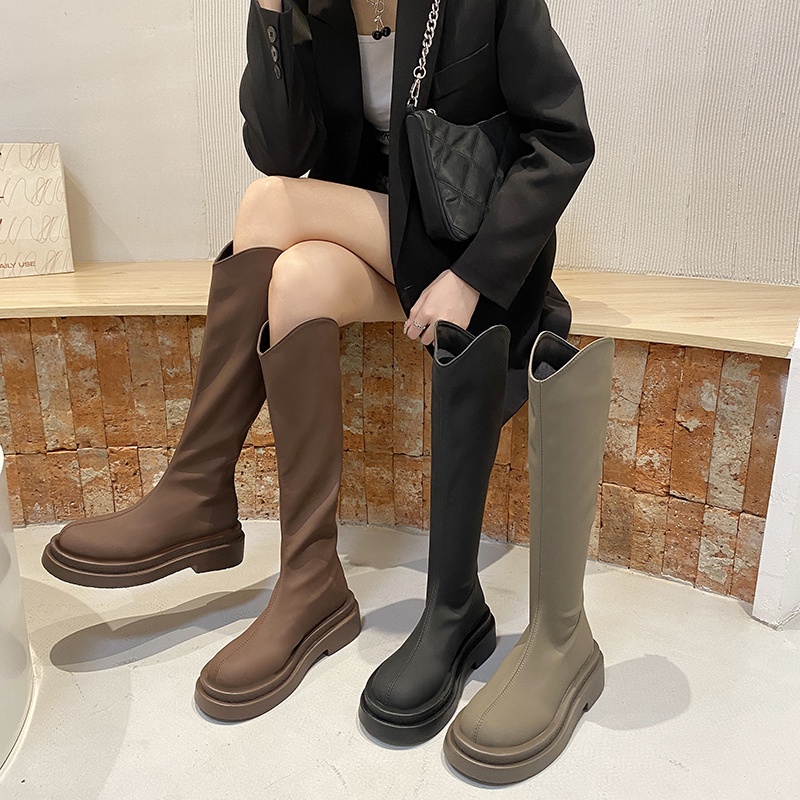 Boot cao cổ V da nhám gót cao 5cm