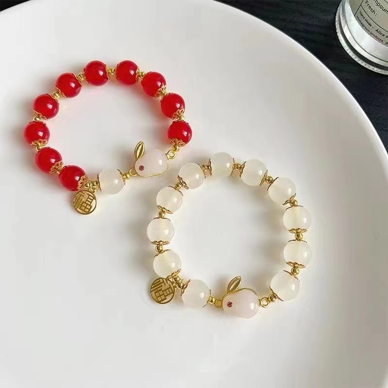Vòng Tay Xâu Hạt Đỏ May Mắn Hình Thỏ May Mắn Phong Cách Trung Hoa Dành Cho Nữ