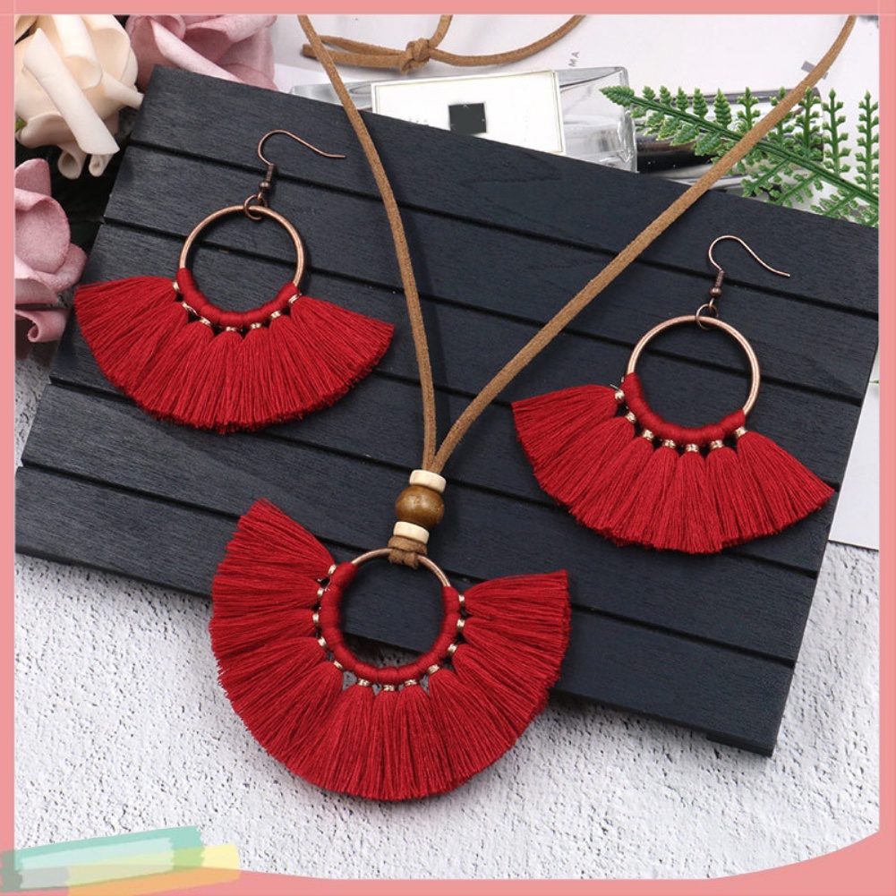 Bộ vòng cổ + Bông Tai Dạng Tua Rua Phong Cách Bohemian