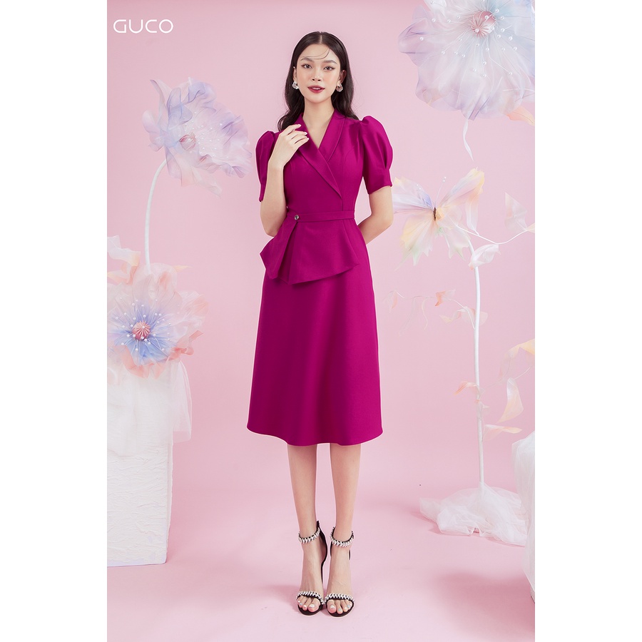 Đầm Peplum cổ vest đính nút eo GUCO 3888 Hồng