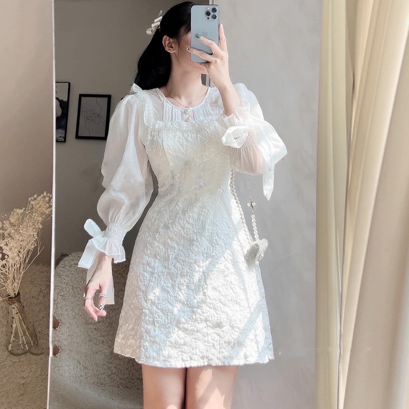 Váy gấm xốp dài tay voan dự tiệc kỉ yếu prom, đầm trắng tiệc cưới
