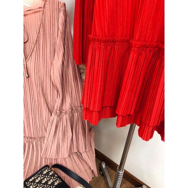 Đầm ngắn 80cm,áo dài kiểu dáng rộng dập ly tay loe 2 màu đỏ,nude M.i.cha.el k.ors-hàng xuất xịn
