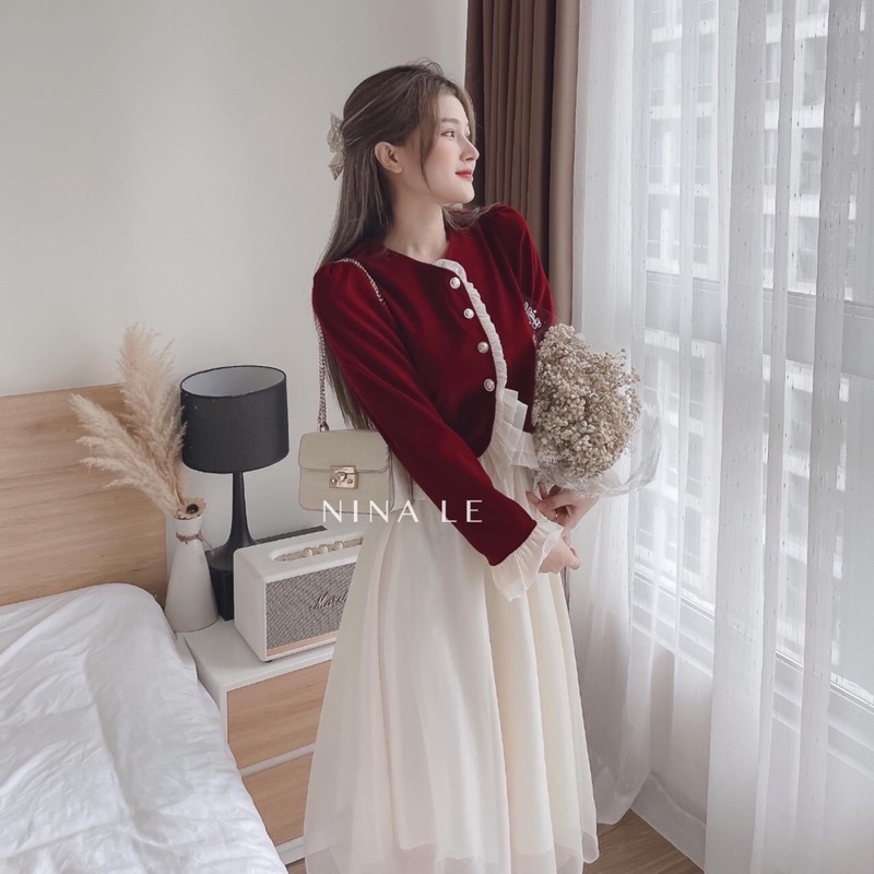 Set Áo Nhung Bèo Phối Chân Váy Dài Xoè