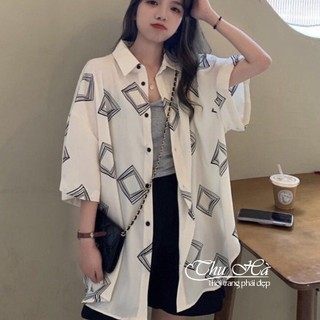 Áo sơ mi nữ form rộng tay lỡ Thu Hà sơ mi kiểu chất liệu đũi trơn mịn mát in hình Ô Vuông Đen Trắng