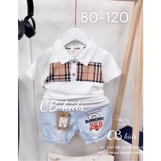 Bộ áo cổ bẻ đen trắng quần bò xanh bt cho bé