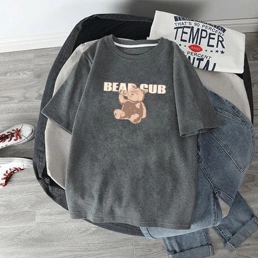 Áo thun SUXI tay ngắn dáng rộng dày dặn in họa tiết chú gấu dễ thương thời trang thu đông cho nữ