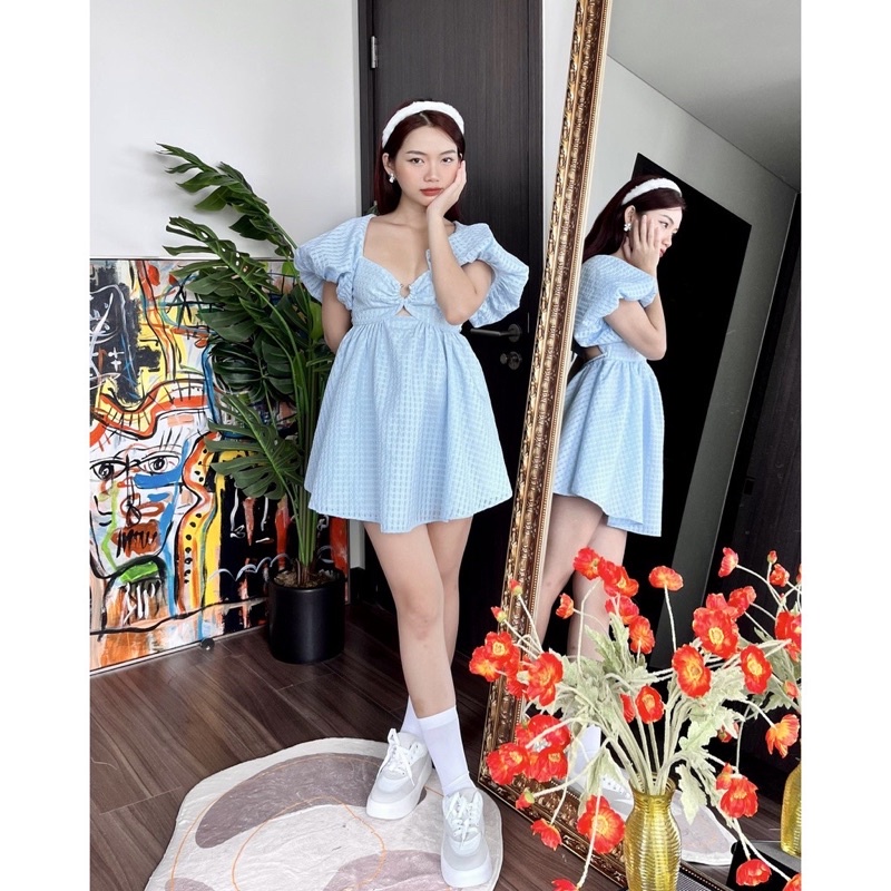 Đầm xoè babydoll tay phồng hở lưng chất voan đan lưới,sang chảnh - 352