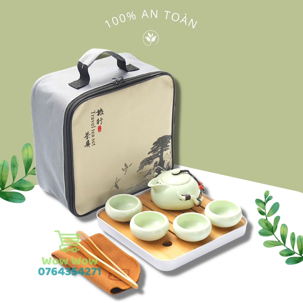 (Video Shop Tự Quay) Bộ Bình Trà - Bộ Ấm Trà Gốm Sứ 4 Tách Kèm Khay, Kẹp Trà, Khăn Và Túi Du Lịch