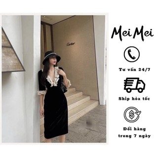 Đầm thiết kế cao cấp EmmeiClothing Váy nhung đen dự tiệc cổ V phối ren sang trọng