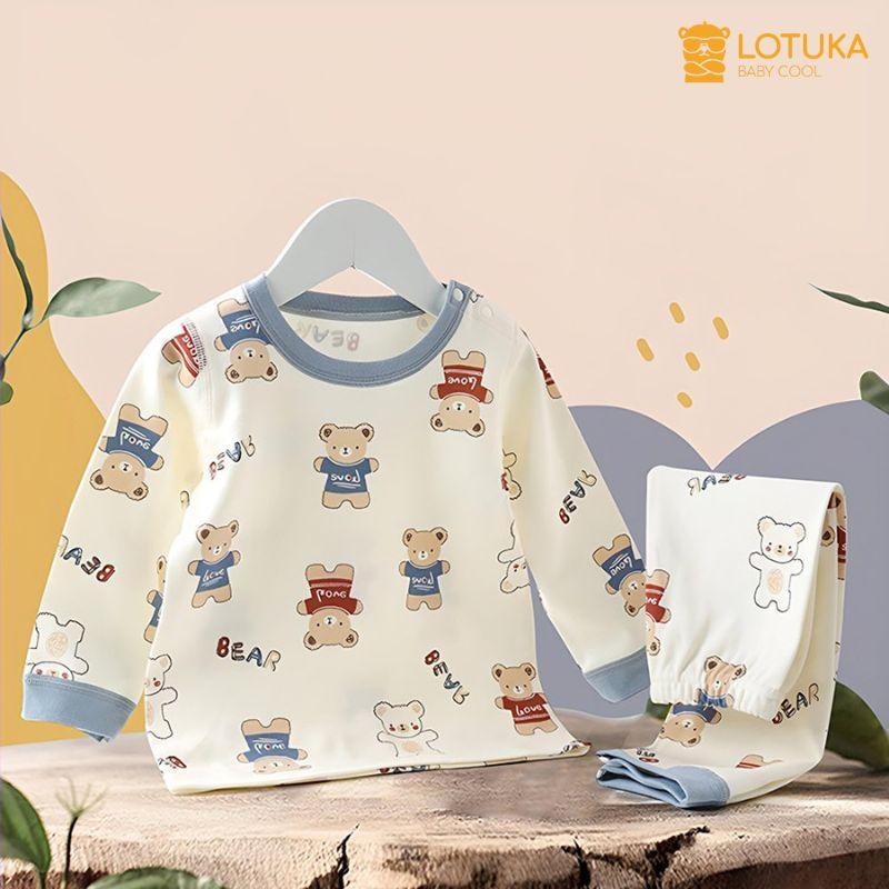 Bộ Dài Tay Cài Cúc Lotuka Chất Cotton 100% Mềm Mịn, Quần Áo Thu Đông Cho Bé Trai, Bé Gái 4-18kg