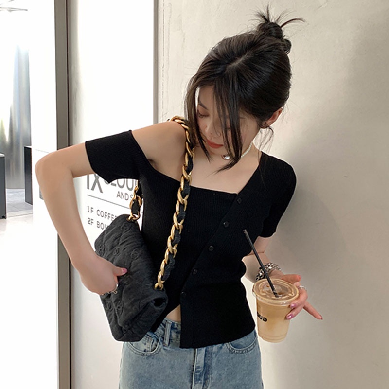 Áo Thun Tay Ngắn Hở Vai Dáng Ôm Thời Trang Hàn Quốc Dành Cho Bạn Nữ