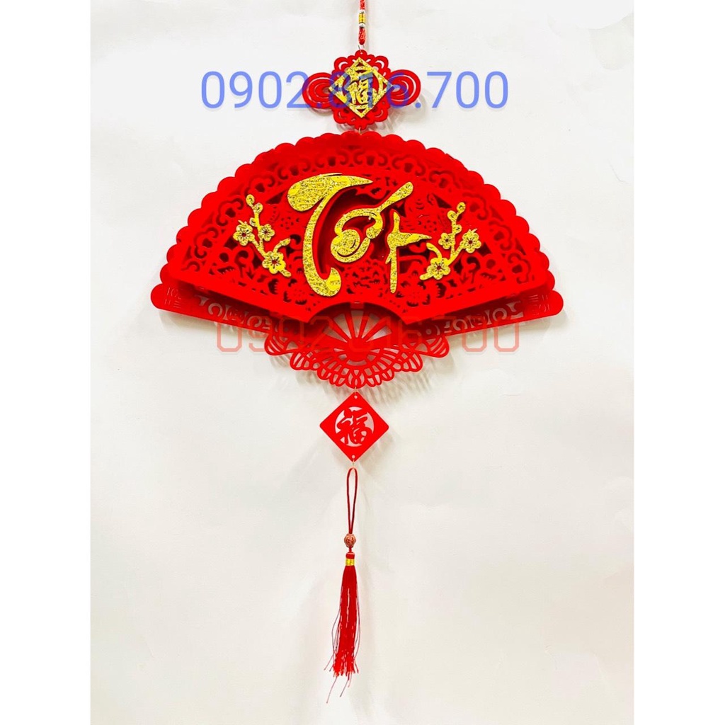 Khánh quạt Khánh vuông - Liễng nhung đỏ - Dây treo cửa hình QUẠT  khắc chữ TẾT - PHÚC -LỘC - THỌ phụ kiện treo decor tết